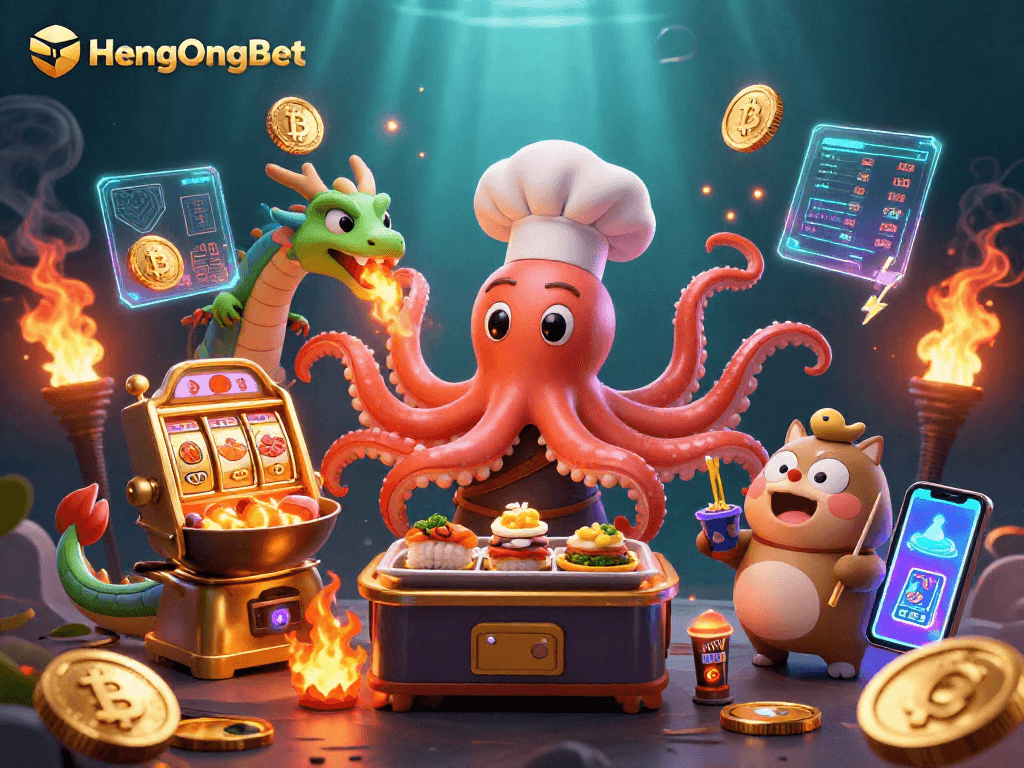 Engage with HengOngBet through a vibrant 3D illustration of casino excitement, showcasing slot machines and crypto elements.