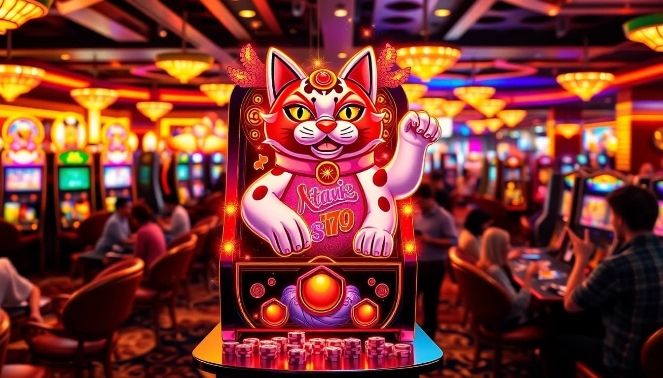 Players winning at the Lucky Neko PG Soft ได้เงินจริงไหม slot machine in a vibrant casino scene.