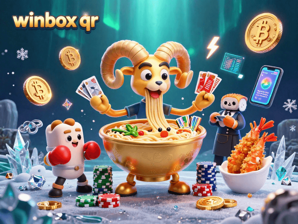 Experience the dynamic winbox qr action with a vibrant 3D casino scene full of characters and crypto elements.