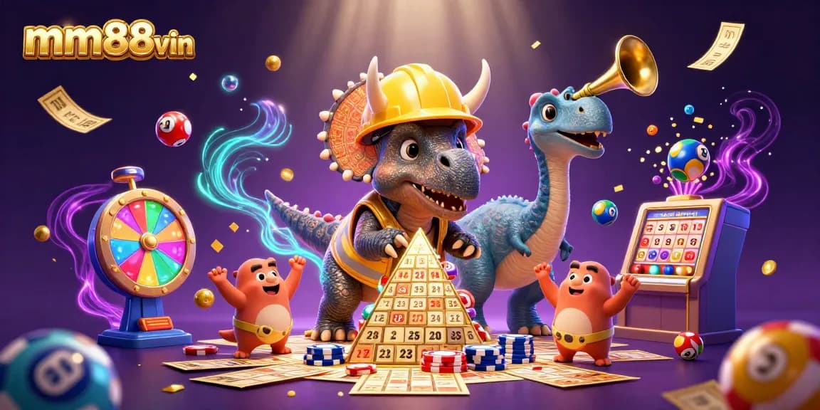 Engage with mm88vin as triceratops builds poker chip pyramid amidst celebratory colorful lottery and bingo elements.