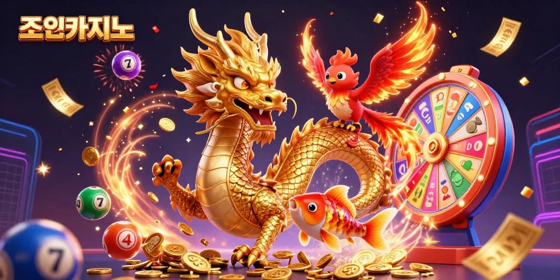 Experience excitement at 조이카지노 with a golden dragon and phoenix amidst vibrant gaming elements.
