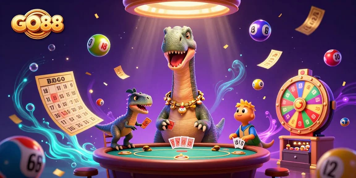 GO88 embodies excitement with a towering brontosaurus above a vibrant poker scene, showcasing lively casino elements.