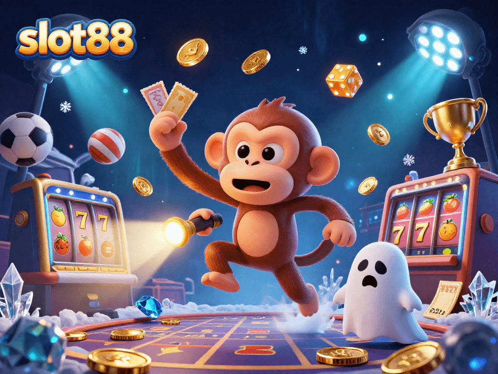 Experience the thrill of slot88 with a playful ghost and puppy tracking golden treasure in a haunted casino.