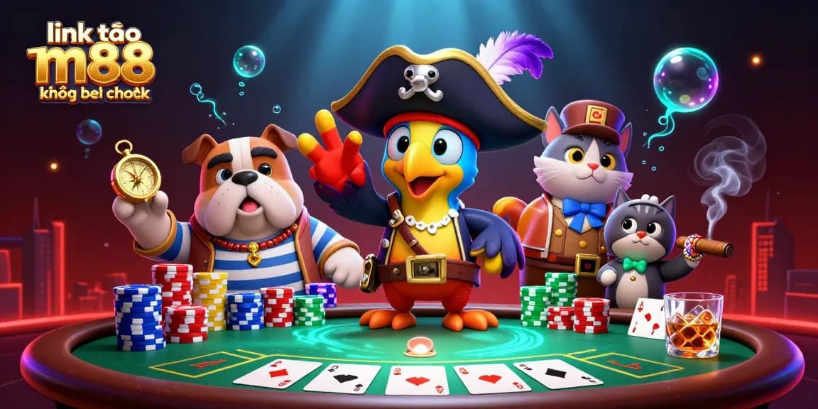 Trải nghiệm link vào m88 không bị chặn với cảnh game động đậy có các yếu tố poker giải trí và nhân vật sống động.