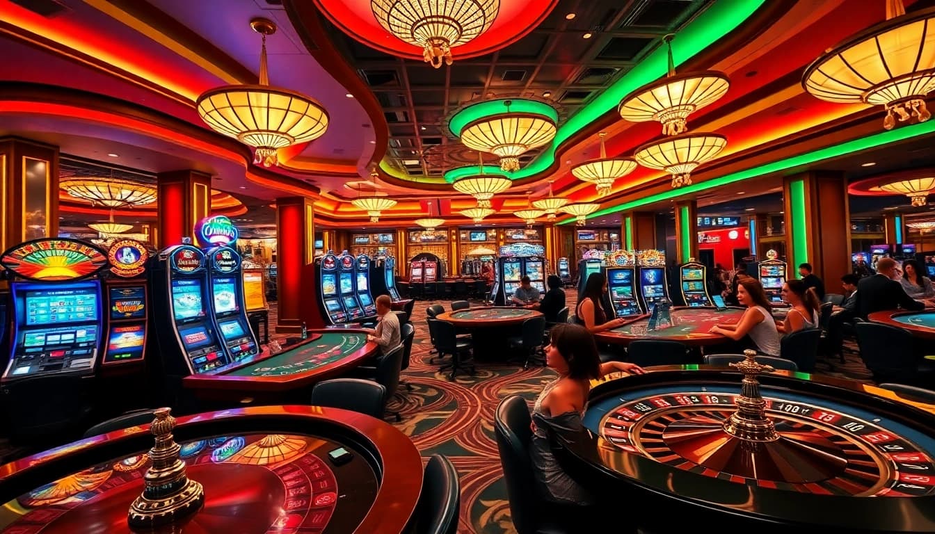 Image of exciting gameplay at QQMACAN casino showcasing vibrant slot machines and engaged players.