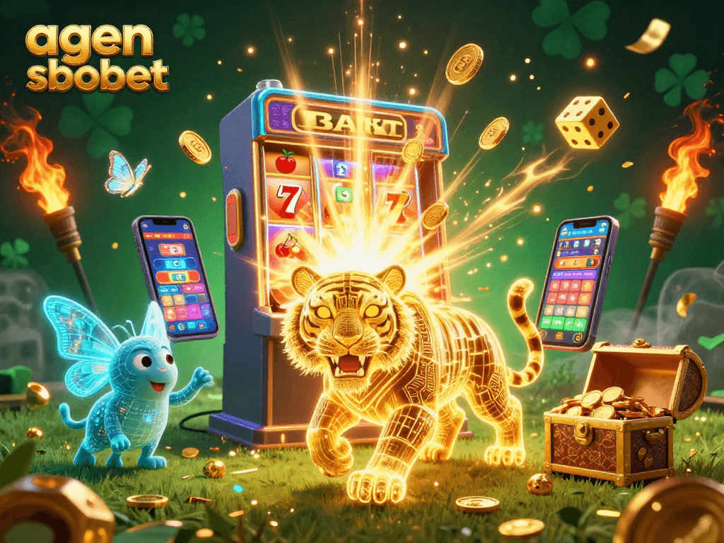 The golden tiger representing agen sbobet thrives in a digital casino, embodying thrilling sports betting excitement.