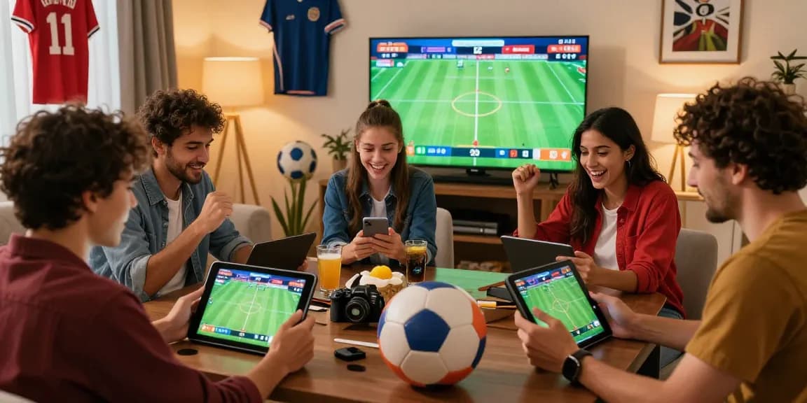 Friends enjoying esports da sorte online with tablets and sports memorabilia in a cozy living room.