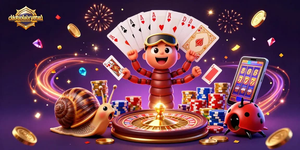 Engage in thrilling gameplay with daotaolaixeyenbai as a colorful millipede dealer showcases cards amidst golden casino elements.