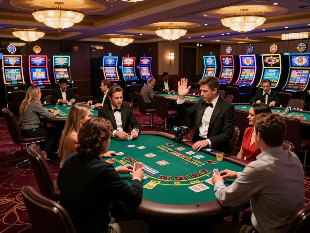 TT88 players strategizing at a blackjack table in a vibrant casino setting for a thrilling experience.
