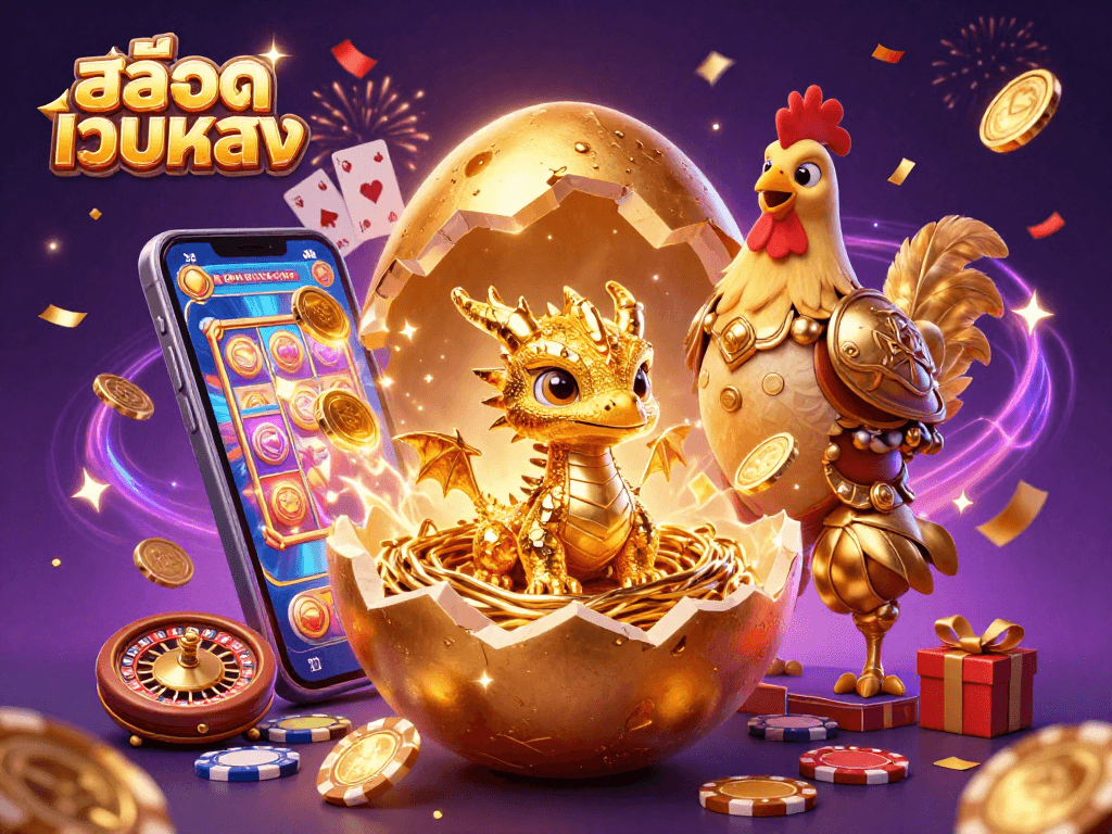 Engage with สล็อตเว็บตรง through a dynamic scene of a golden baby dragon guarding poker chips amidst celebratory casino elements.