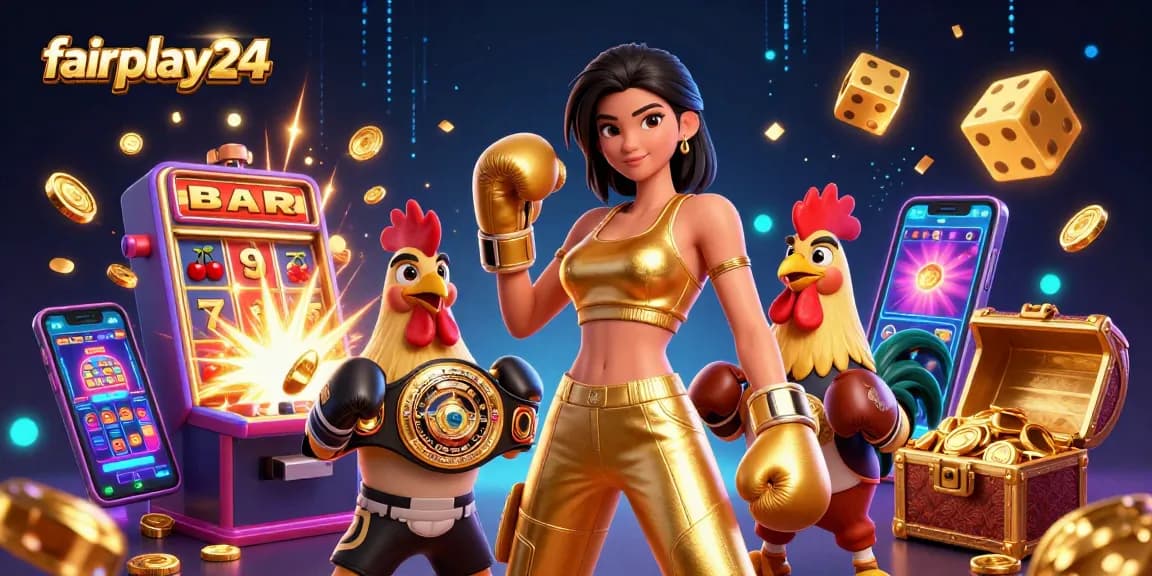 Engage in epic sports betting with fairplay24, showcasing vibrant slot machines and dynamic gaming elements.