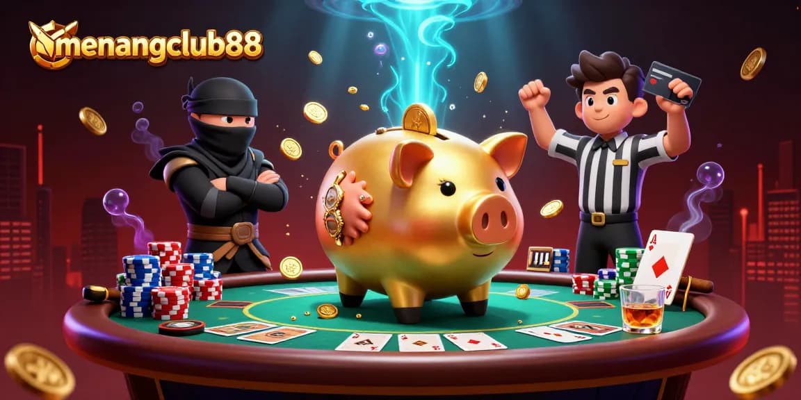 Win big at menangclub88 with an epic showdown between a golden piggy bank sumo and casino warriors.