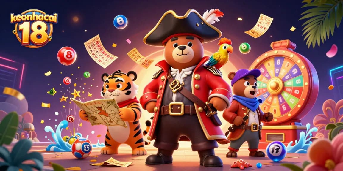 Experience excitement with keonhacai 18 as lottery balls bounce while a pirate bear leads the way.