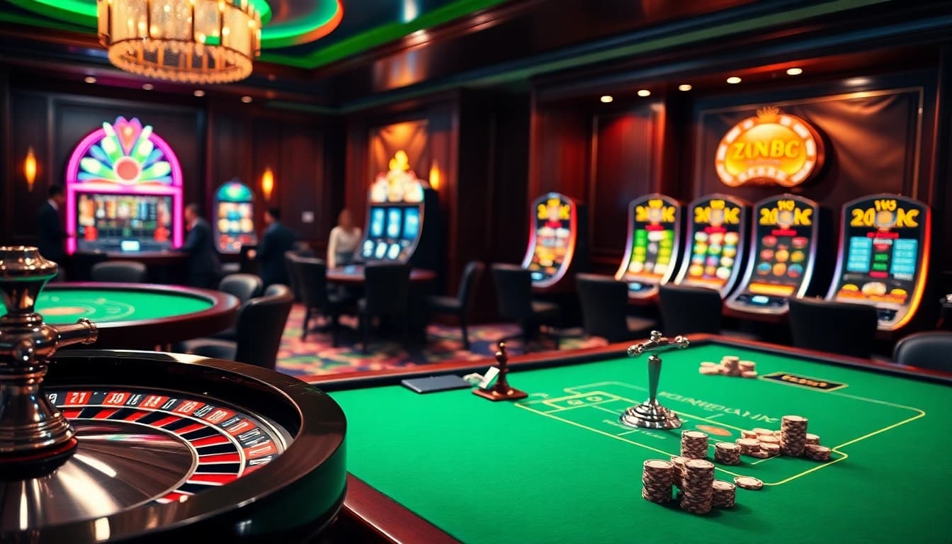 Zbet players engaging with luxurious live casino games, including roulette and poker chips.
