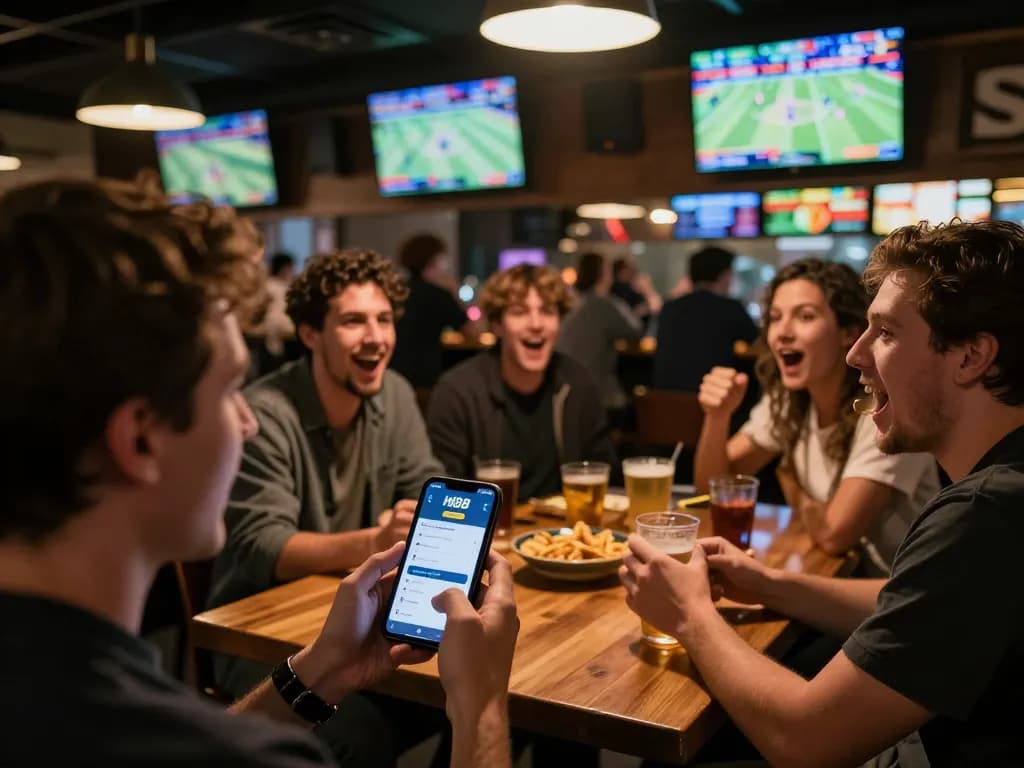 Hi88 app open on smartphone showing live sports betting, energetic patrons cheering in a lively sports bar