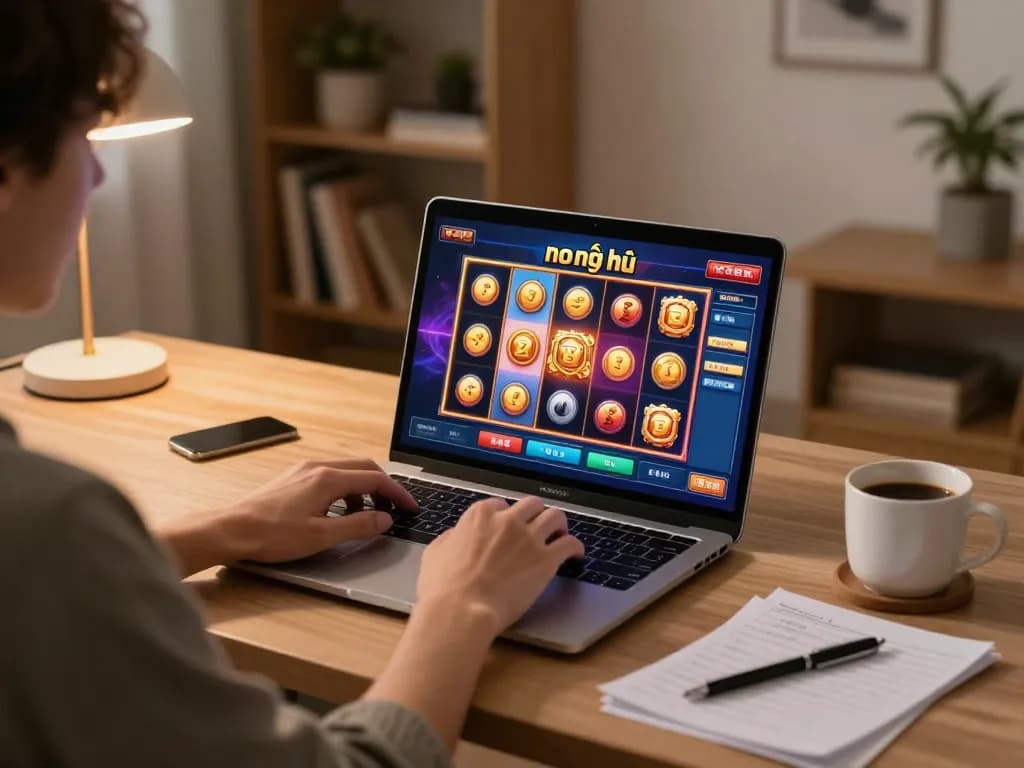 Playing game nổ hũ online with laptop and strategy notes in cozy home setting.