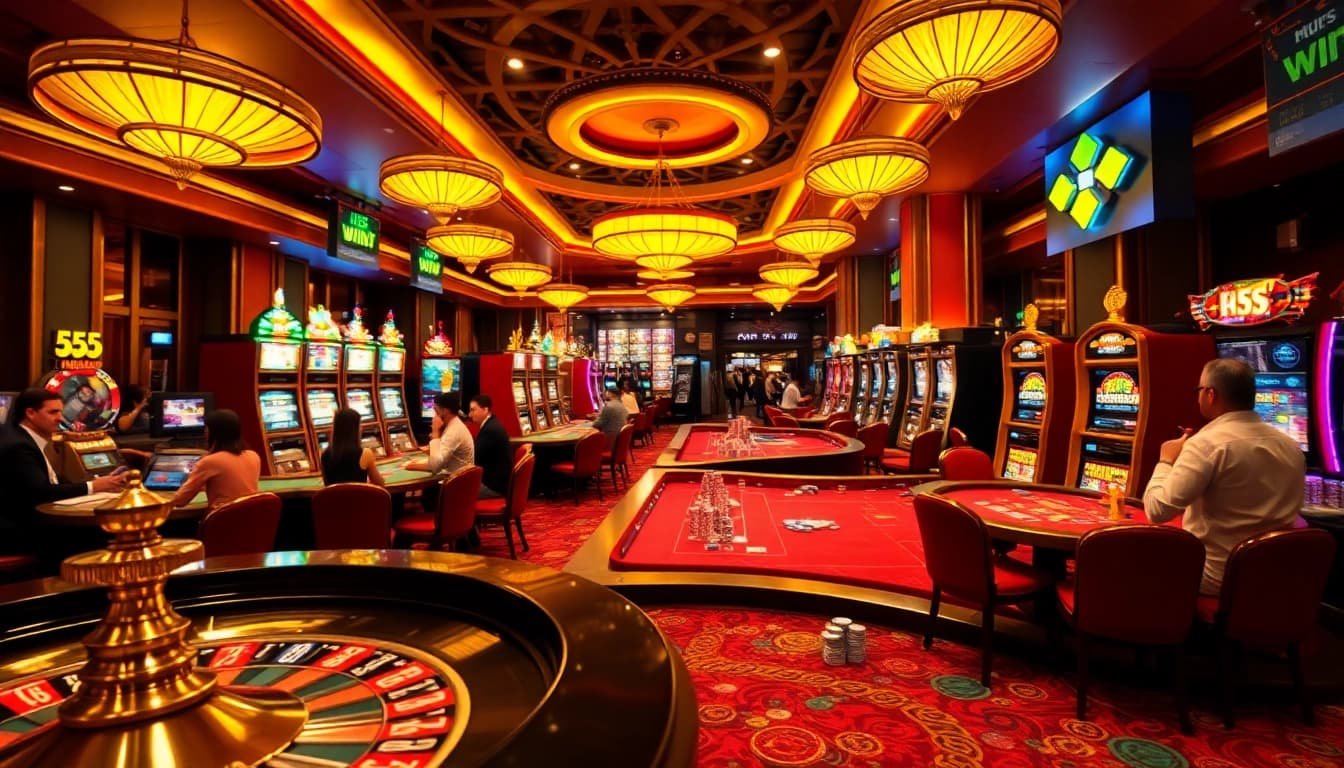 Experience vibrant gaming excitement at 555 win casino with engaging players at poker tables.