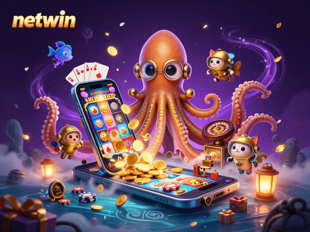 Experience the excitement of netwin with a vibrant 3D scene featuring a kraken, diving cat, samurai, and dynamic gaming elements.