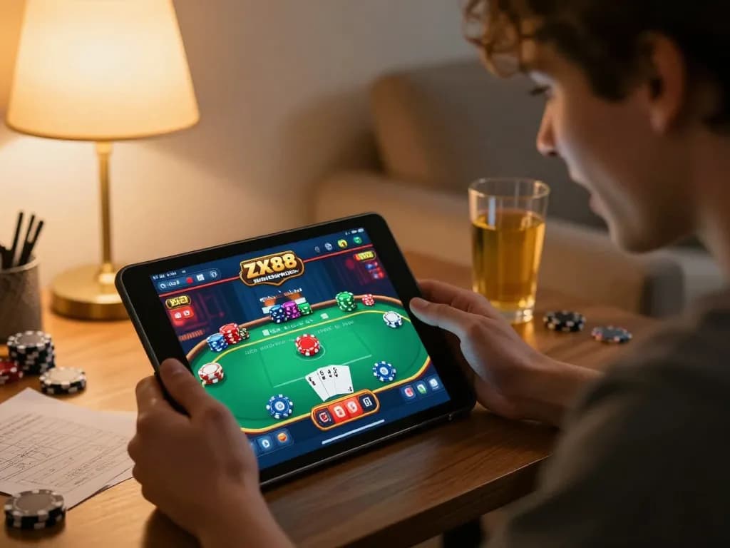 Player engaging with the ZX88 casino app, showcasing an exciting online poker game setup at home.