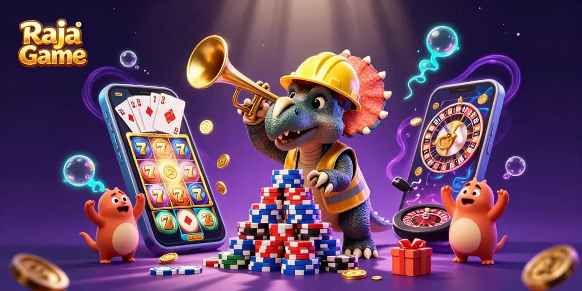 Play exciting slots and games with Raja Game, featuring a triceratops and fun casino elements.
