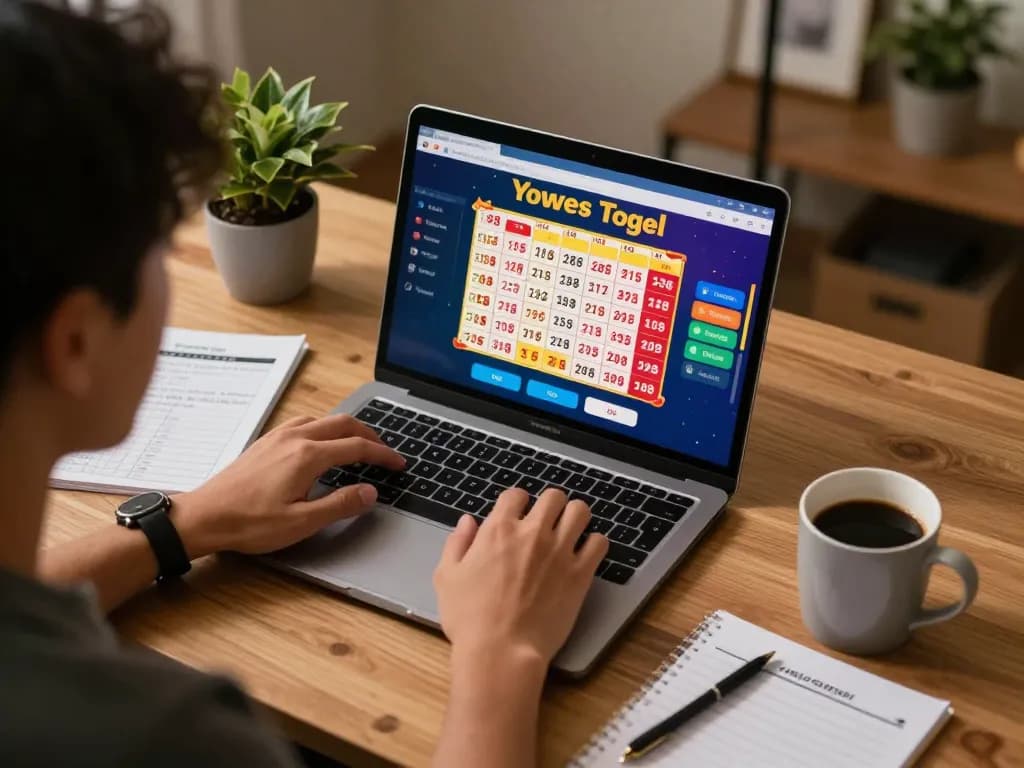 Engaging with yowes togel on a laptop at a cozy home setup, showcasing a vibrant lottery gaming atmosphere.