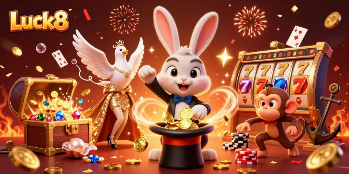Experience the thrill of Luck8 with a dynamic 3D illustration featuring gambling elements like slots and poker chips.