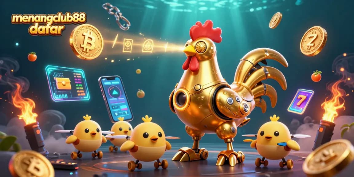 Engage with menangclub88 daftar using a golden rooster robot in a vibrant, dynamic casino scene.