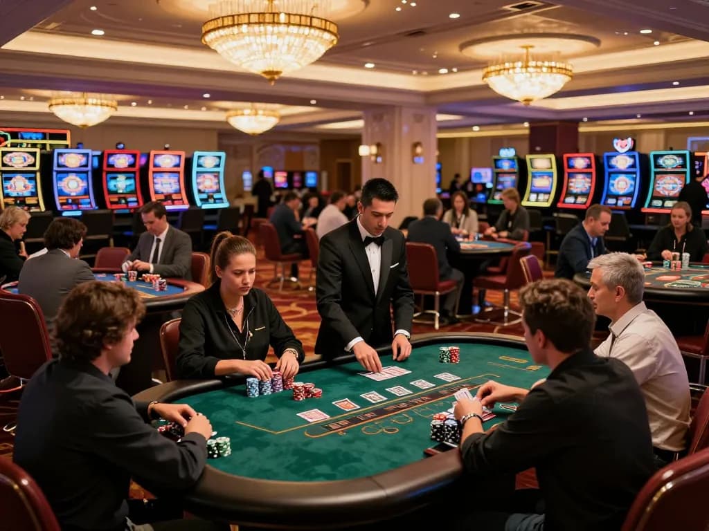 Players at the W69 blackjack table strategizing their next moves in an upscale casino setting.