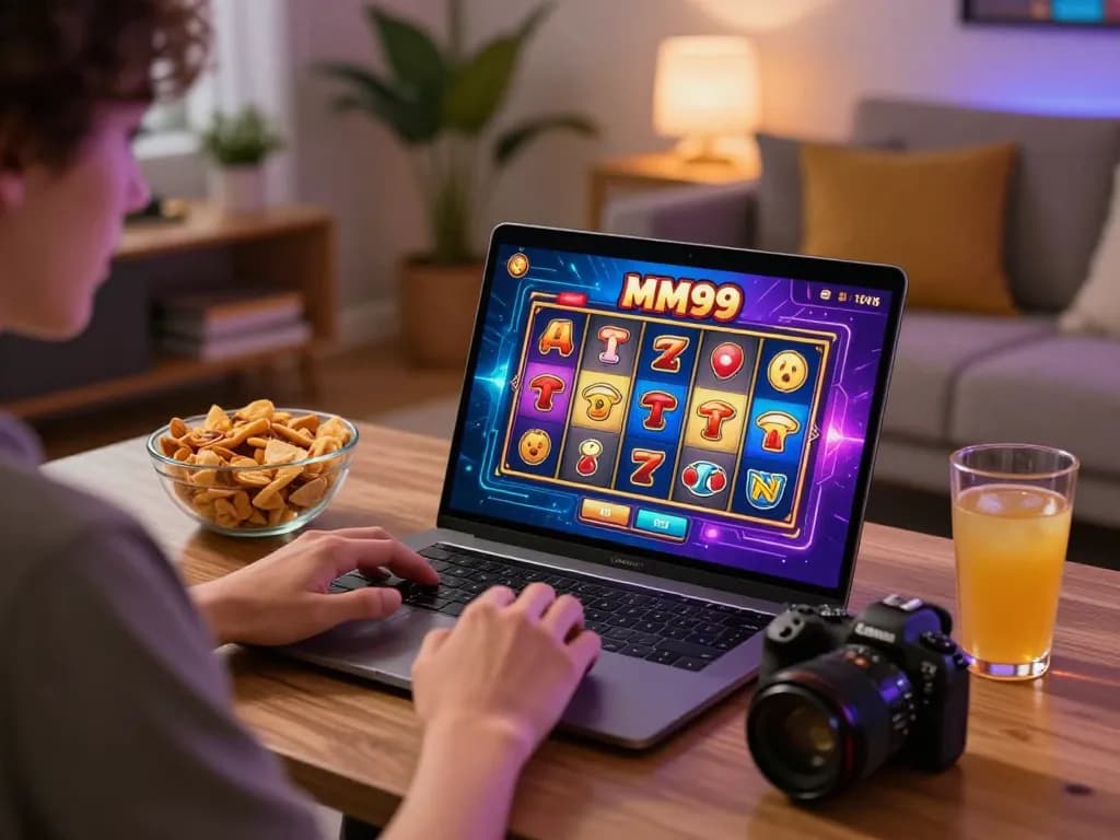Play MM99 Slot games at home on a laptop with colorful reels and cozy atmosphere.