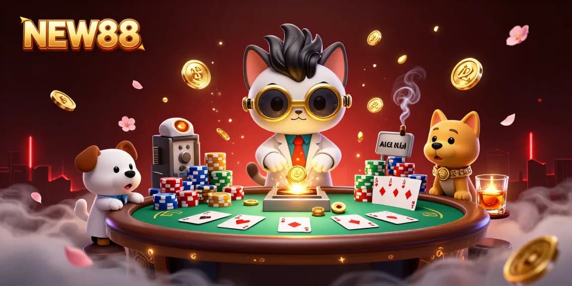 NEW88 captures excitement with a mad scientist cat creating gold coins and vibrant poker elements, showcasing gambling fun.