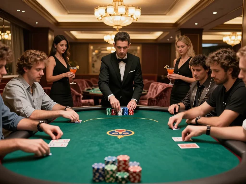 Players strategically betting at an upscale poker table in a luxurious casino setting with uu88