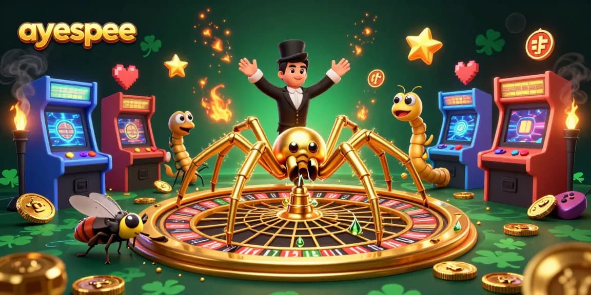 Menggoda pemain dengan ayespee, ilustrasi 3D kasino menampilkan laba-laba emas berputar di roda roulette yang mengesankan.
