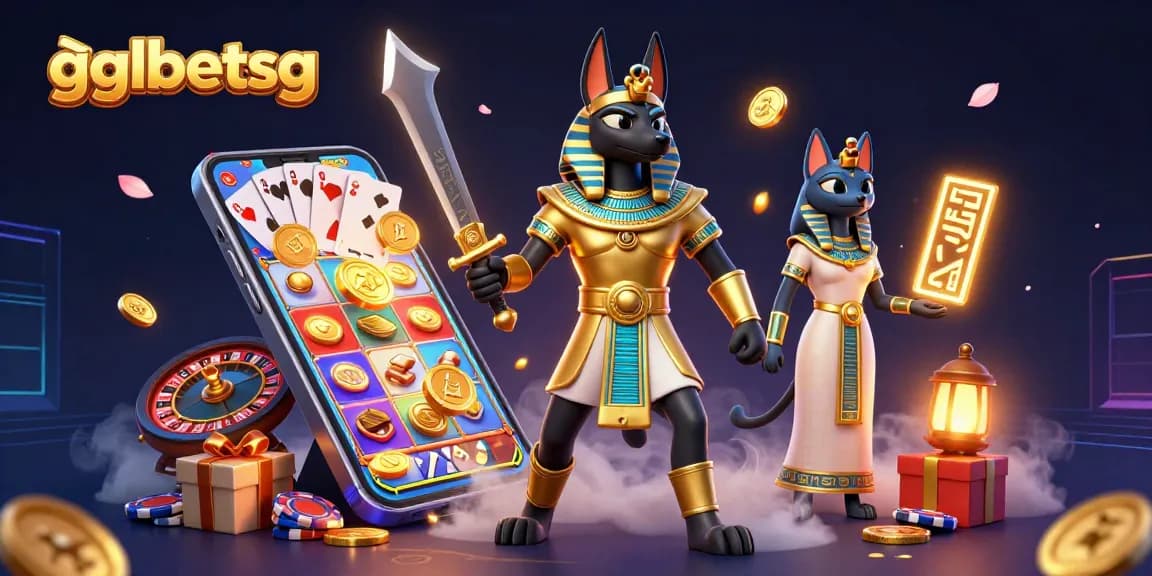 Bet on esports with gglbetsg as Anubis and Bastet celebrate wins in this vibrant casino scene.