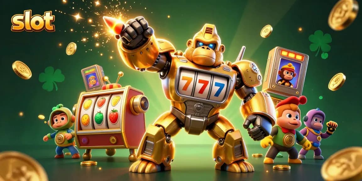 Putaran slot mengasyikkan dengan gorila emas dan simbol buah berkilau dalam suasana yang penuh energi.
