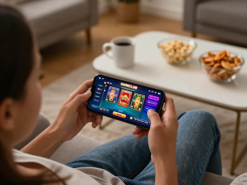 Engaging in thrilling gameplay on IWINCLUB app while relaxing at home in a cozy setting.