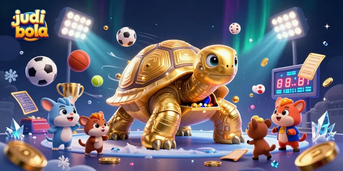 Experience thrilling judi bola action with a cartoon golden tortoise pinball machine amidst dynamic sports elements.