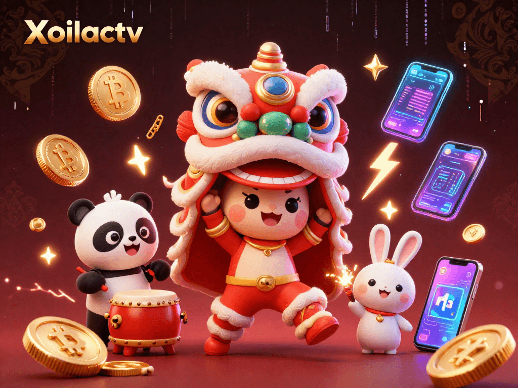 Xoilactv showcases a festive lion dance with crypto elements in a vibrant casino scene.