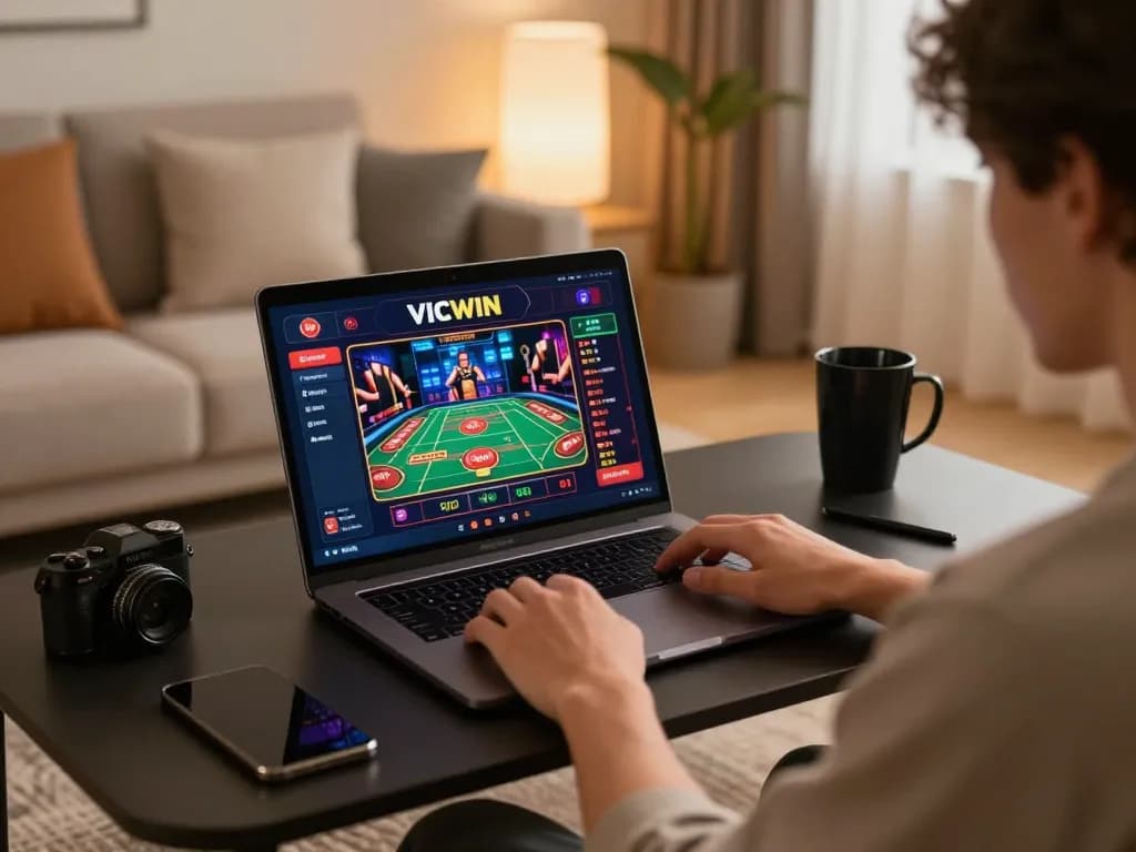 Player engaging in an exciting gaming session on VICWIN's online casino platform, immersed in a cozy environment.