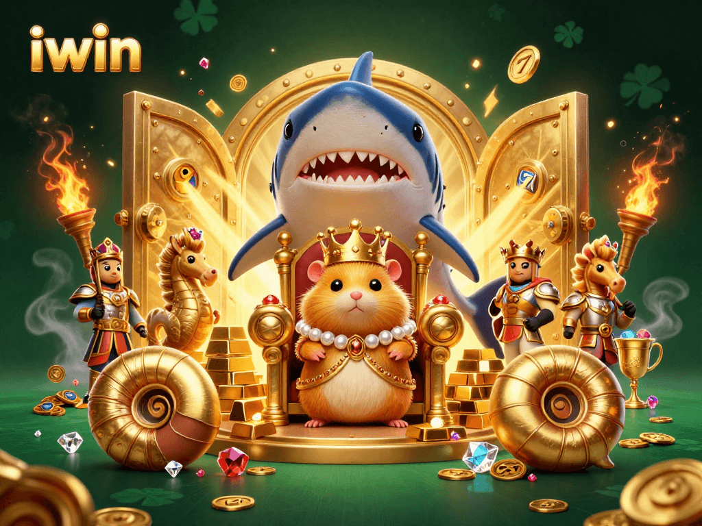 iwin showcases a vibrant 3D casino scene featuring a golden hamster king and treasure elements, enhancing your gaming experience.