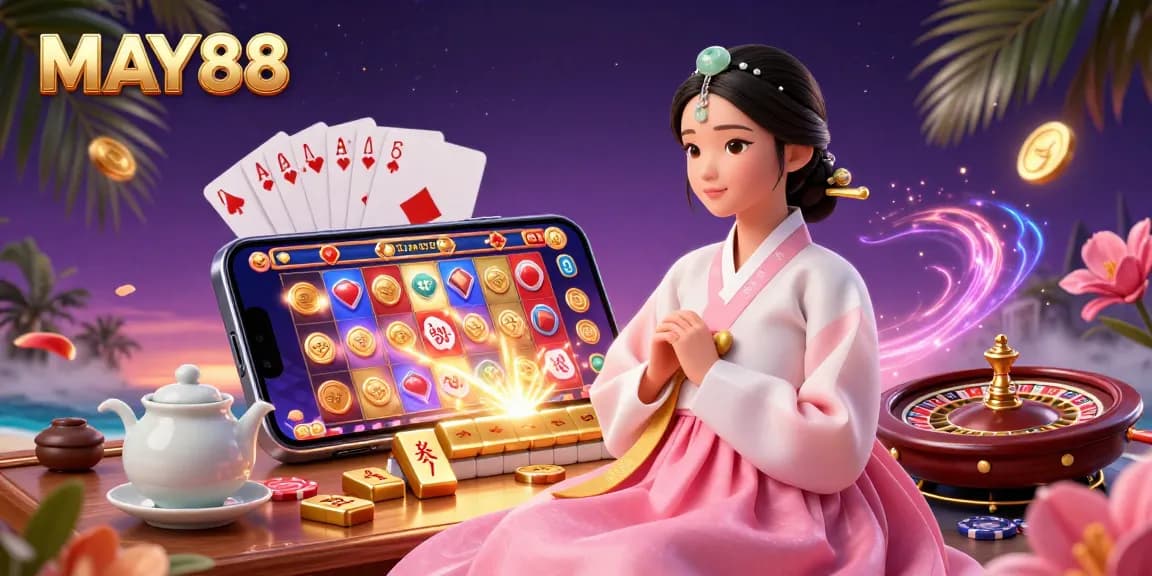 MAY88 engages users with thrilling slot games, showcasing a vibrant gambling atmosphere in a stunning 3D illustration.