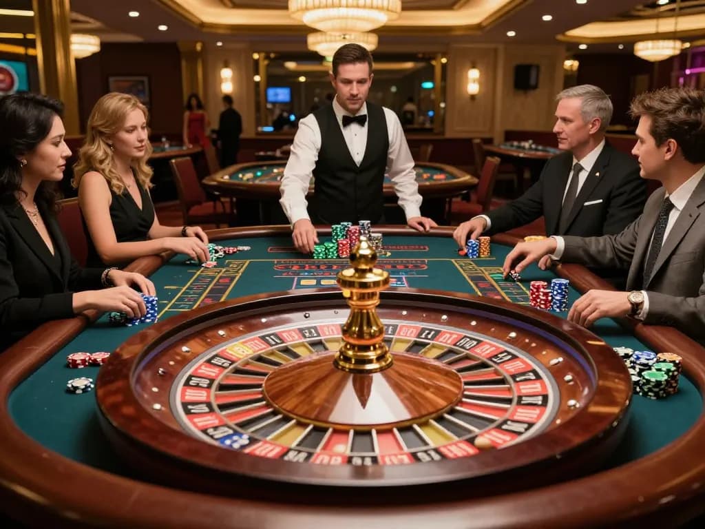 Spinning roulette wheel at hytw3339a casino with players placing bets and chips stacked high