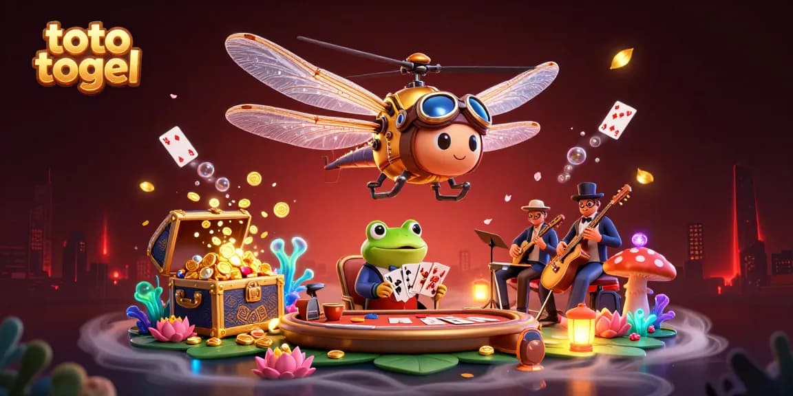 Experience excitement at the toto togel casino with a dynamic scene of a dragonfly pilot and a frog croupier.