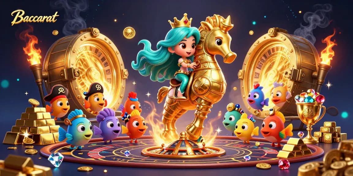 Baccarat scene featuring a mermaid and seahorse among casino treasures and decorations
