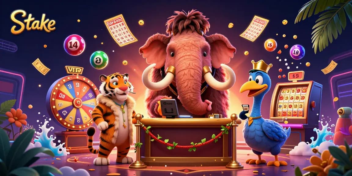 Stake casino illustration showcasing a woolly mammoth bouncer and vibrant lottery elements.