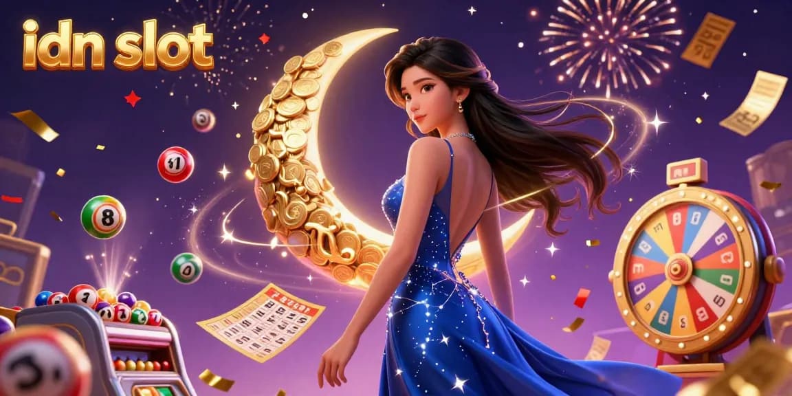 Engage with idn slot’s vibrant world of gaming, featuring an elegant character amidst a dynamic backdrop.
