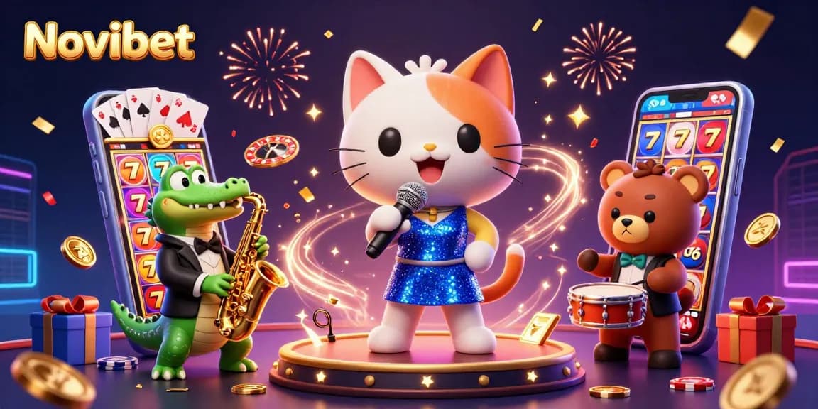 Experience Novibet's vibrant casino atmosphere with dazzling characters and dynamic elements.