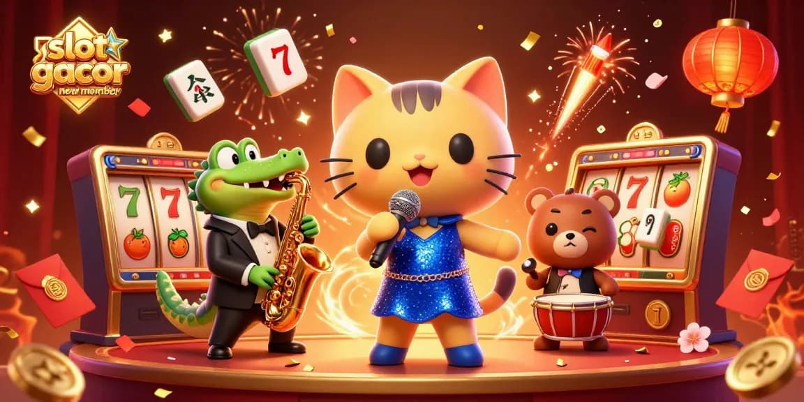 Experience thrilling wins with slot gacor new member as lively characters surround jackpot symbols and festive elements.