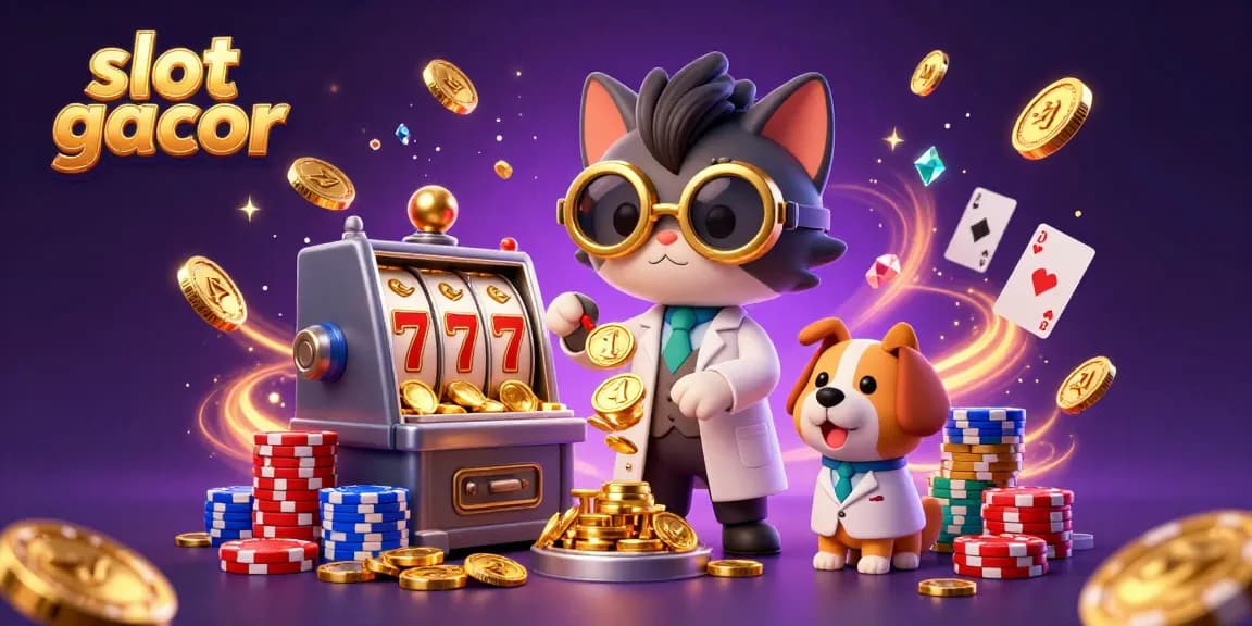 Experience excitement in a vibrant slot gacor scene where a mad scientist cat creates gold coins surrounded by dazzling game elements.