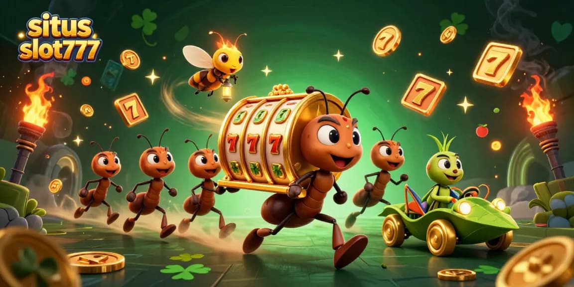 Situs slot777 showcases ants heisting a giant slot reel amid dazzling symbols and gold coins.
