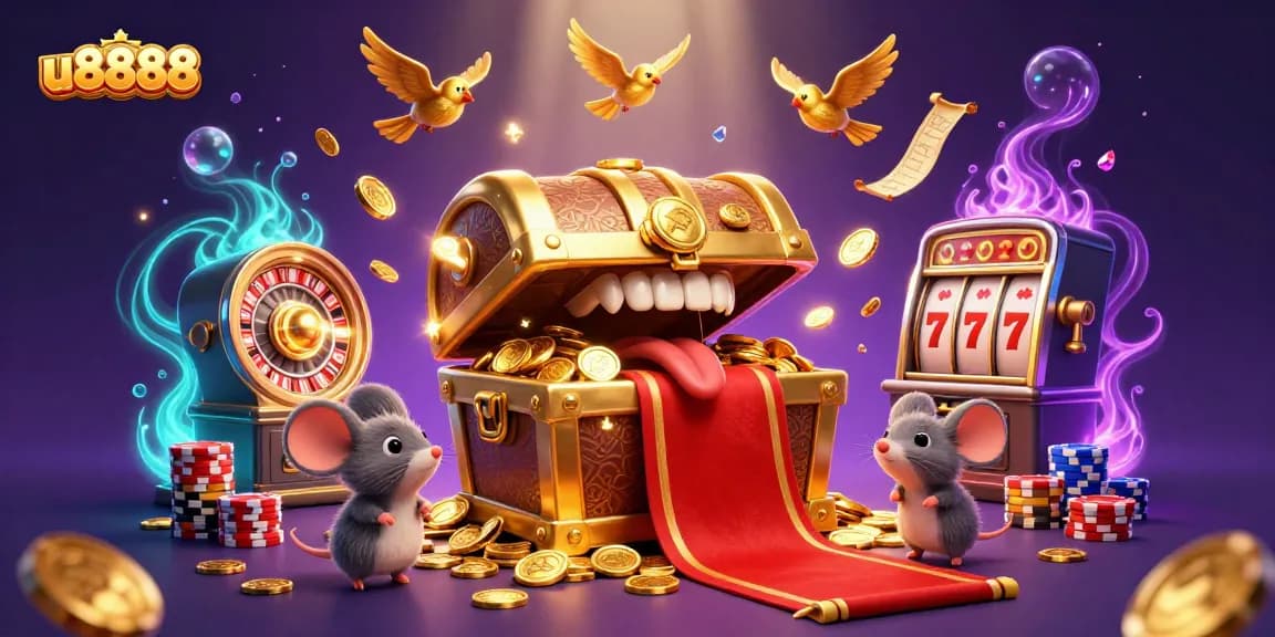 Spin and win big with u8888's exciting casino games featuring a golden treasure chest.